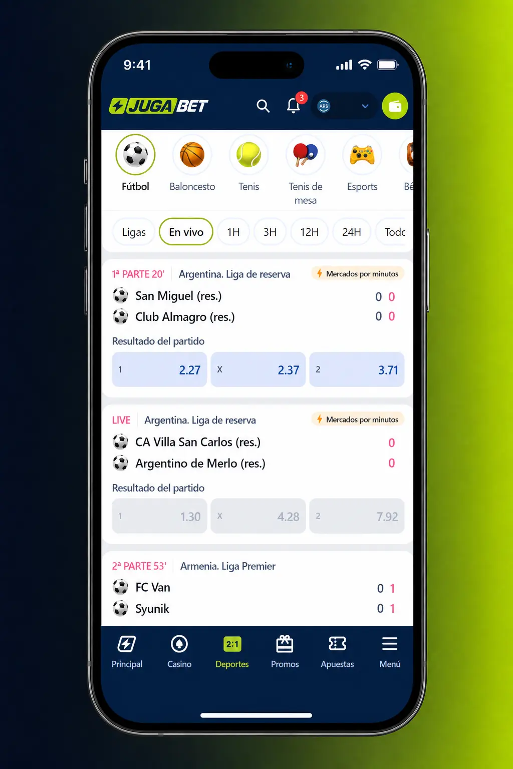 Apuestas de esports en vivo desde la app móvil de Jugabet para Android y iOS.