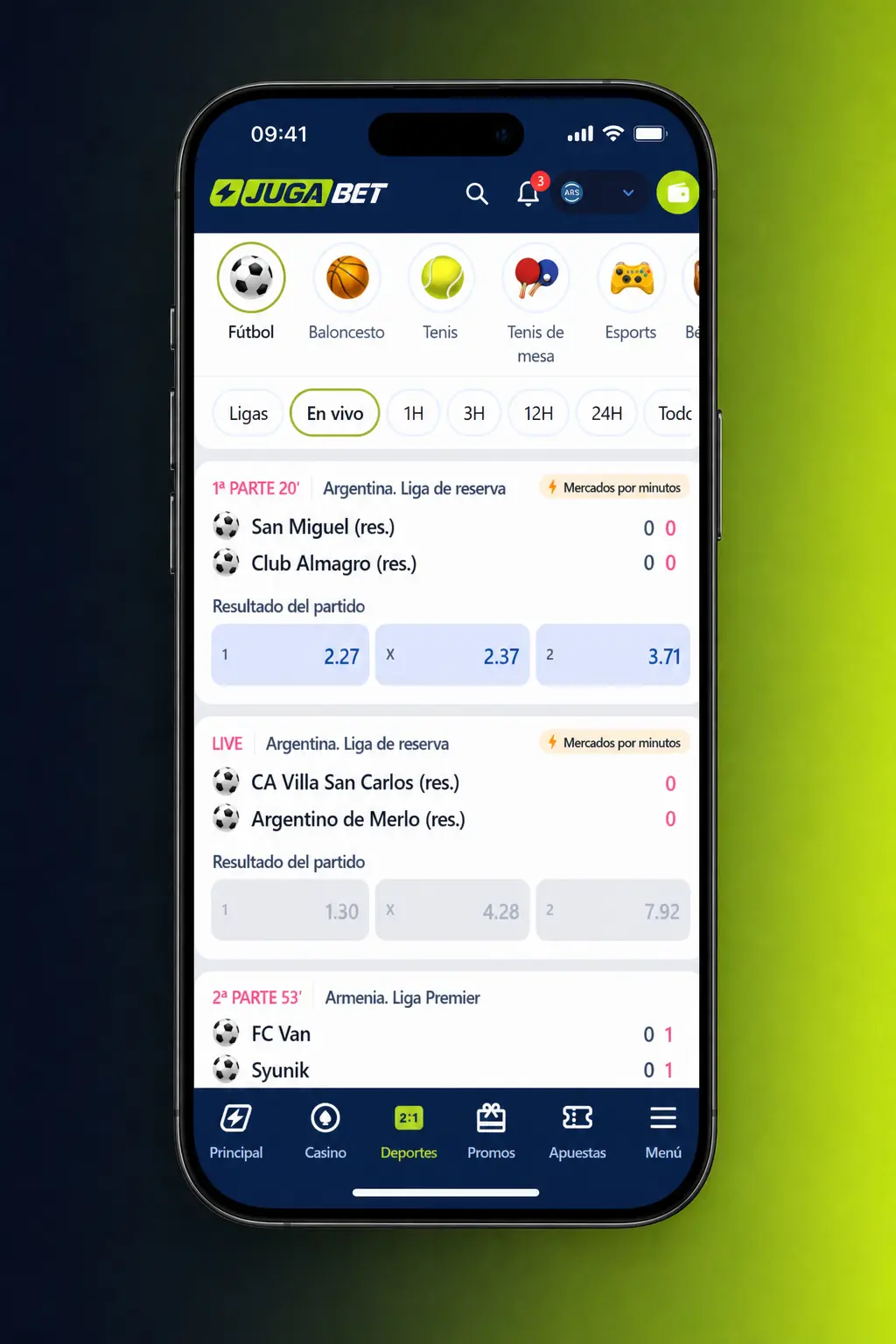 Apuestas de tenis en vivo en la app de Jugabet, con cuotas, estadísticas y cupón de apuesta rápido
