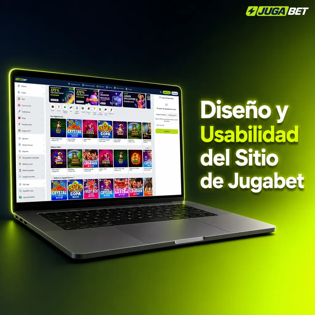 Diseño del sitio Jugabet con fondo azul marino, acentos verde lima y menú intuitivo para casino, deportes y promociones