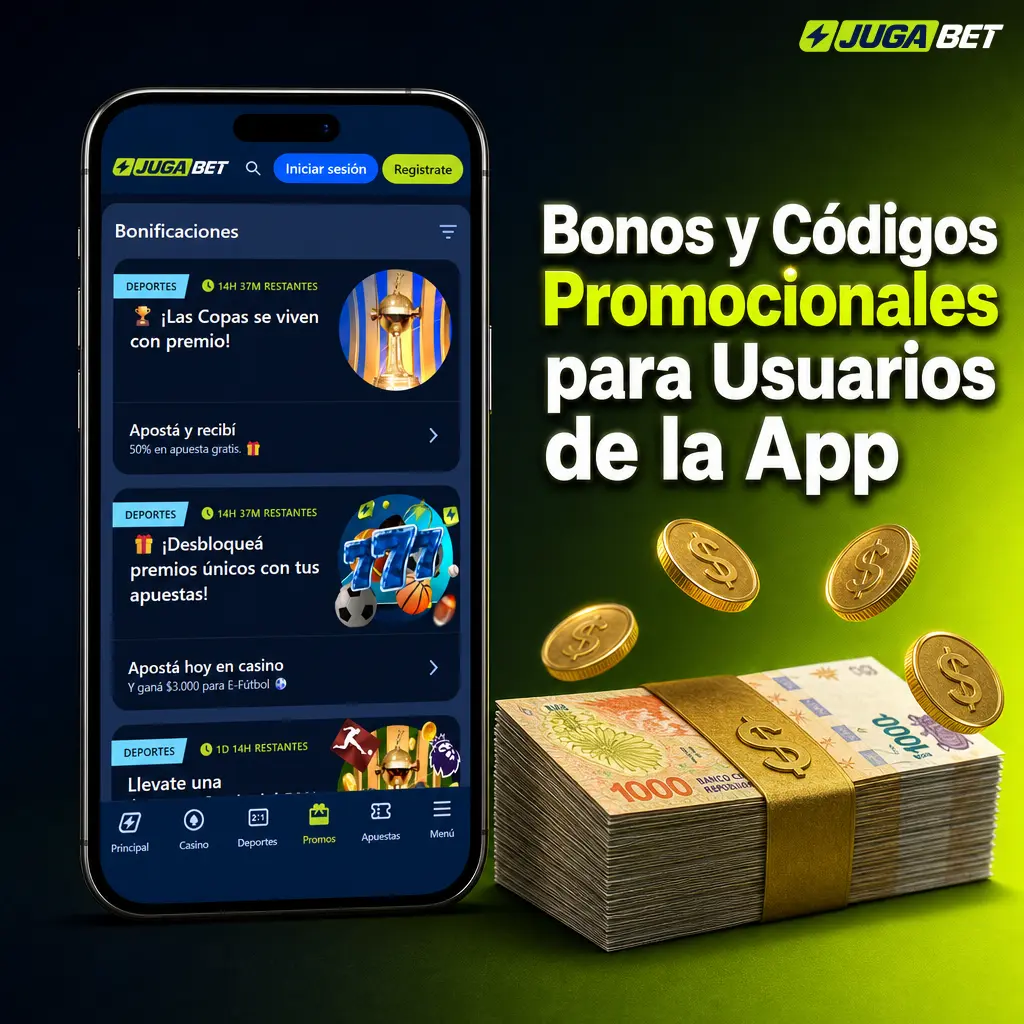 Bonos y códigos promocionales de Jugabet app: bienvenida deportiva, casino, freespins y cashback para usuarios.