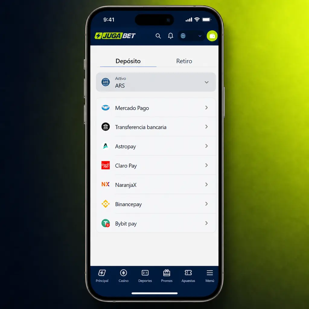 Pasos para depositar dinero en la app Jugabet usando transferencia, billetera electrónica o criptomoneda.