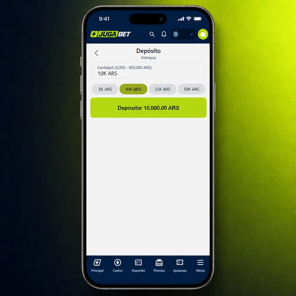 Pasos para depositar dinero en la app Jugabet: iniciar sesión, ir a Caja y elegir método de pago.