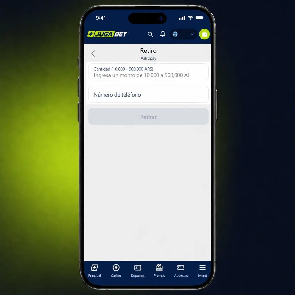 Pasos para retirar ganancias en la app Jugabet: seleccioná método, ingresá monto y verificá los datos de destino.