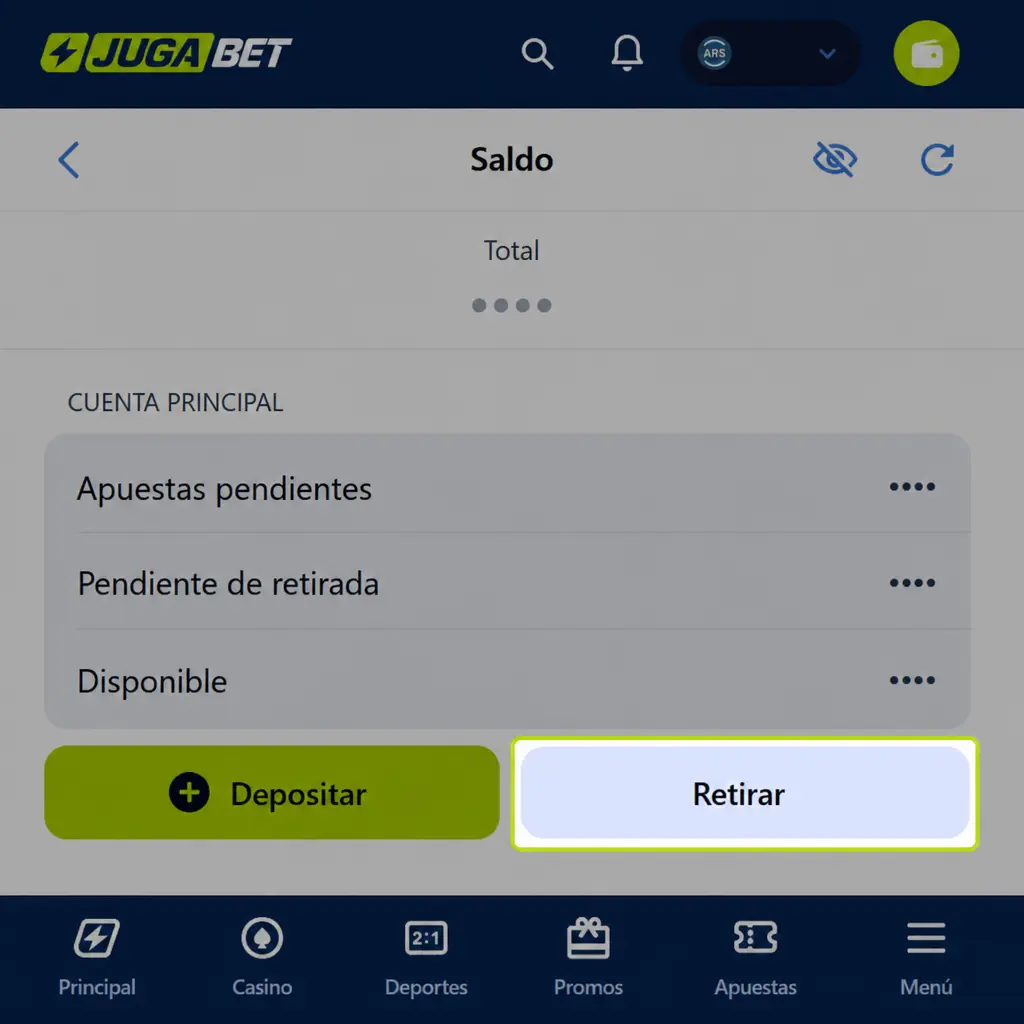 Guía paso a paso para retirar fondos: hacé clic en el botón del panel de cuenta y seguí las instrucciones indicadas.