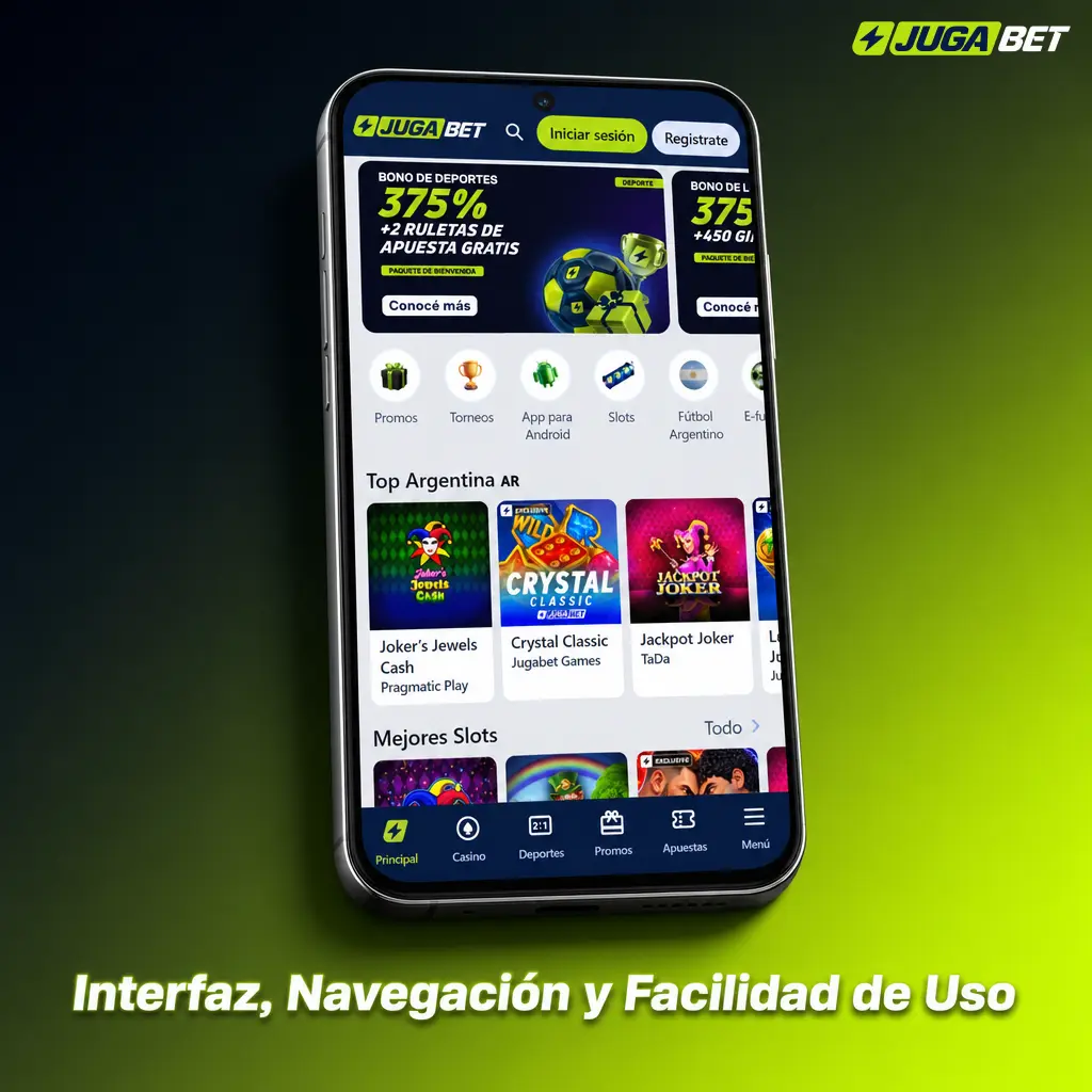 Interfaz móvil con navegación inferior, filtros de casino y cupón de apuestas siempre visible, diseñada para uso con una mano.