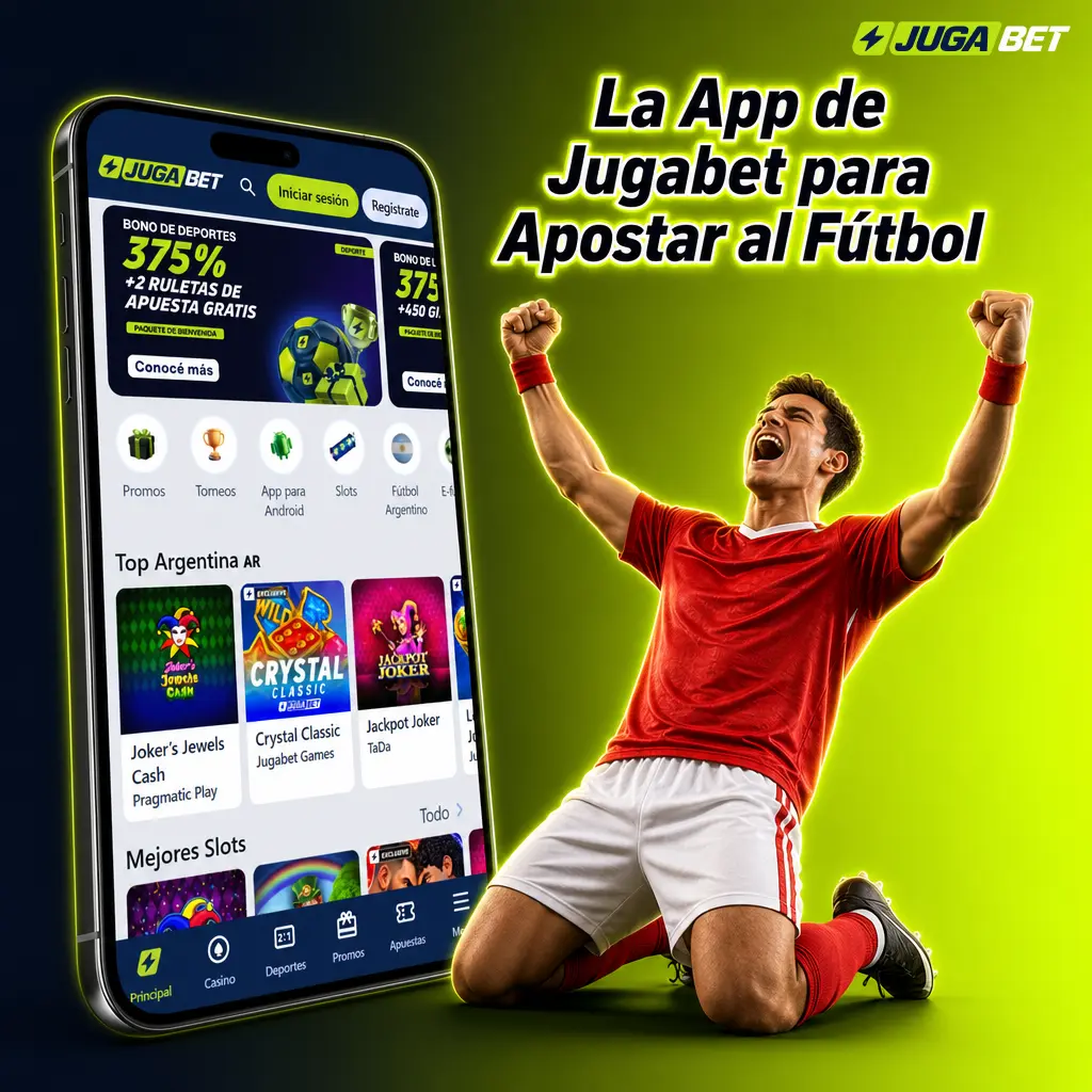 App de Jugabet para apostar al fútbol en Android e iOS, con cuotas en vivo y notificaciones push de goles y tarjetas.